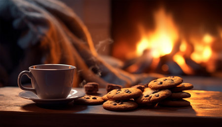 Cozy corner with freshly baked chocolate chip cookies and milk by the fireplace. Ceramic cup of coffee with milk and cookies on a wooden table. Winter Christmas design sweetsの素材