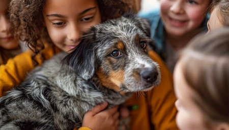 Group of children hugging dog. Lifestyle of big happy family or friends embracing dog happy family kid dream concept. big friendly family cuteの素材