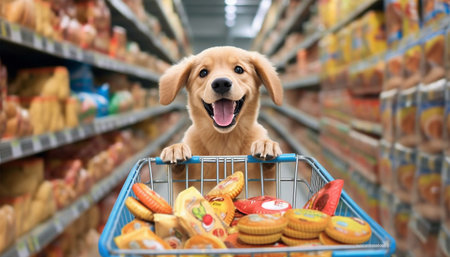 Funny dog shopping in grocery store for pet products or dog food,cookies. The dog with a shopping cart filled with animal products in front of food shelves in a pet store. The background is blurred and colorful. Animal,pet,puppy,advertisement concept cuteの素材