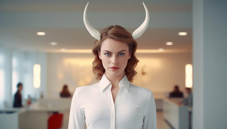 Young businesswoman with devil horns in office. Angry bossy woman. Successful female. Unfair competition. Aggressive marketing strategies. Hidden motives. Business person leader concept beautyの素材