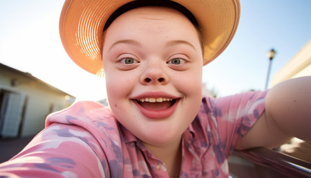 Teenage girl with down syndrome taking selfie on mobile phone. Beautiful portrait of girl having fun with smartphone taking photos or making a video for social media on a sunny summer day. Disability, media, friendship and generation concept colorfulの素材
