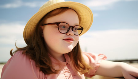 Portrait of a beautiful teen girl with down syndrome on a beach in the summer. Laugh happily. Having fun on her holiday. Beautyの素材