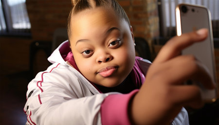 African American black Teenage girl with down syndrome taking selfie on mobile phone. Beautiful portrait of girl having fun with smartphone taking photos or making a video for social media on a sunny summer day. Disability, media, friendship and generation concept colorfulの素材