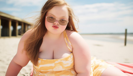 Portrait of a beautiful teen girl with down syndrome on a beach in the summer. Laugh happily. Having fun on her holiday. Beautyの素材
