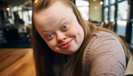 Teenage girl with down syndrome taking selfie on mobile phone. Beautiful portrait of girl having fun with smartphone taking photos or making a video for social media on a sunny summer day. Disability, media, friendship and generation concept colorfulの素材