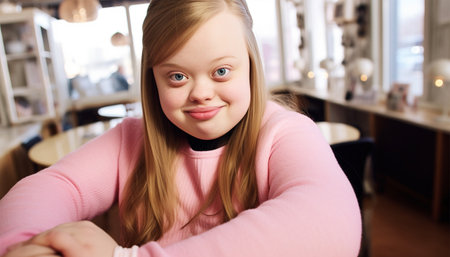Portrait of teenage girl with Down syndrome. Children with disabilities, inclusive education. Beautiful teenager portrait laughingの素材