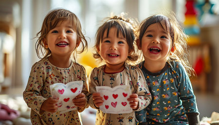 Asian lovely sweet preschool daughter congratulates mommy with life event birthday holiday, prepares for her handmade post card with red painted heart symbol of unconditional love, Mother Day conceptの素材