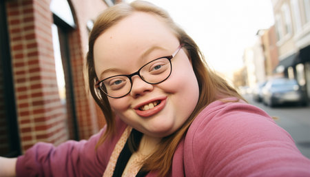 Teenage girl with down syndrome taking selfie on mobile phone. Beautiful portrait of girl having fun with smartphone taking photos or making a video for social media on a sunny summer day. Disability, media, friendship and generation concept colorfulの素材