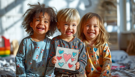 Cute siblings children holding heart drawing. Children's creativity drawings and crafts for Valentines Day or Mother's Day or Father's Day. front view. Loveの素材