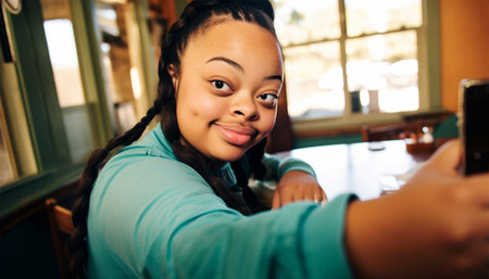 African American black Teenage girl with down syndrome taking selfie on mobile phone. Beautiful portrait of girl having fun with smartphone taking photos or making a video for social media on a sunny summer day. Disability, media, friendship and generation concept colorfulの素材