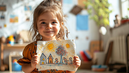 Proud little girl showing her painting of a family house. Cute little girl showing her drawing with colorful house and tree. Happy family creative schoolgirl happyの素材