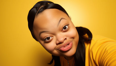 African American black Teenage girl with down syndrome taking selfie on mobile phone. Beautiful portrait of girl having fun with smartphone taking photos or making a video for social media on a sunny summer day. Disability, media, friendship and generation concept colorfulの素材