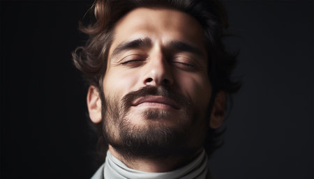 Portrait of a handsome man breathes air and embraced life. Attractive man breathing dark black background. Happy young male enjoying the world. Meditation relaxed taking deep breath of fresh air portraitの素材