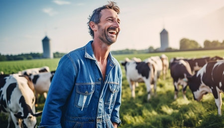 Happy Dutch farmer portrait with his cows in the countryside from the Netherlands. agriculture field and stables for dairy products. Typical Dutch meadow workの素材