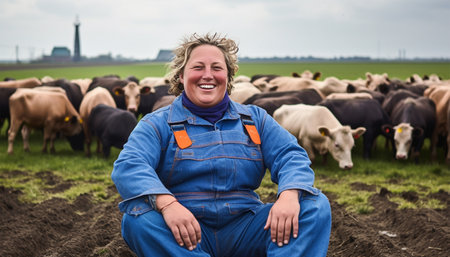Proud confident female farmer or worker of farmhouse with cows on the background. Proud woman farm owner agriculture Dutch field beautyの素材
