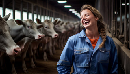 Proud confident female farmer or worker of farmhouse with cows on the background. Proud woman farm owner agriculture Dutch field beautyの素材