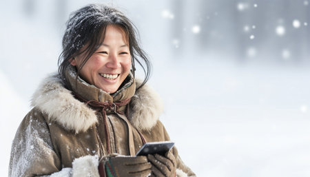 Smiling Eskimo woman wearing traditional clothing watching her mobile phone and laughing. Texting with smartphone in snow landscape beauty copy spaceの素材