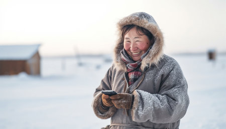 Smiling Eskimo woman wearing traditional clothing watching her mobile phone and laughing. Texting with smartphone in snow landscape beauty copy spaceの素材