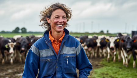 Proud confident female farmer or worker of farmhouse with cows on the background. Proud woman farm owner agriculture Dutch field beautyの素材