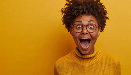 Excited overjoyed girl rejoice luck ecstatic facial expression. Happy young African American female with afro hair winner gesture copy spaceの素材