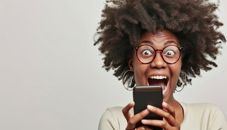 Excited African American woman using phone. Black woman, phone and fist celebration in studio, blue yellow background and winning online prize. Happy female model celebrate mobile promotion, bonus and excited for deal, success and competition winner Copy spaceの素材