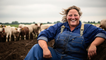 Proud confident female farmer or worker of farmhouse with cows on the background. Proud woman farm owner agriculture Dutch field beautyの素材