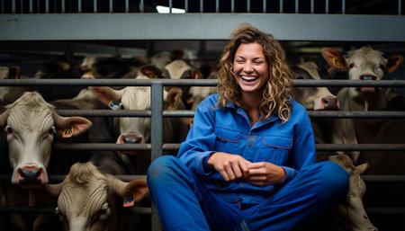 Proud confident female farmer or worker of farmhouse with cows on the background. Proud woman farm owner agriculture Dutch field beautyの素材