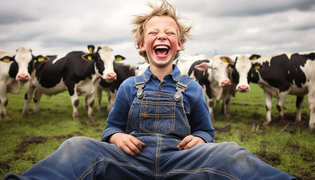 Little boy wearing blue overalls on farm with cows. Happy young farm boy in blue overalls on agriculture field Dutch landscape. Child having fun in stablesの素材