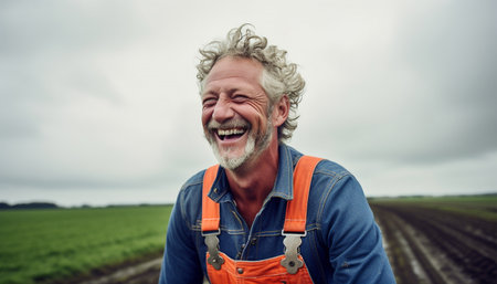 Happy Dutch farmer portrait with his cows in the countryside from the Netherlands. agriculture field and stables for dairy products. Typical Dutch meadow workの素材