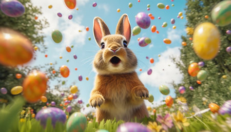 Easter bunny with Easter eggs falling from the sky. Easter egg hunt. bunny or rabbit with eggs on spring grass field, flying Easter eggs and blue sky. Religion holiday and Resurrection Sunday greeting card animationの素材