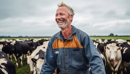 Happy Dutch farmer portrait with his cows in the countryside from the Netherlands. agriculture field and stables for dairy products. Typical Dutch meadow workの素材