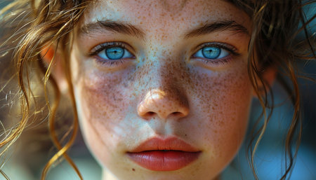 Beauty portrait of a beautiful woman with freckles. Closeup macro portrait of female face. Human woman open eyes with day beauty makeup. Girl with perfect skin and freckles. Natural beauty sunlightの素材