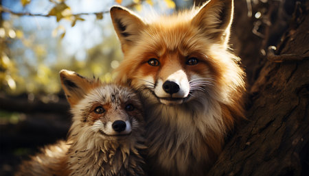 Portrait Red fox looking in the camera Vulpes vulpes lies in summer landscape flowered meadow. Orange fur coat animal hunting in spring rain. Fox in nature ferrets about prey. Wildlife scene. Habitat Europe, Asia, North America. cute sunnyの素材
