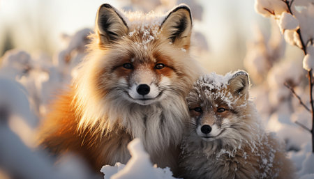Red fox Vulpes vulpes looking in camera. feeding in deep snow with snowfall, in snowlandscape forest. Wildlife in the winter cuteの素材