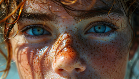 Beauty portrait of a beautiful woman with freckles. Closeup macro portrait of female face. Human woman open eyes with day beauty makeup. Girl with perfect skin and freckles. Natural beauty sunlightの素材