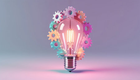 Light bulb and gears 3d render. Innovation concept. Insight icon isolated on pastel background. 3D Illustration. Pink, purple and blue. Glow Idea,teamwork,brainstorming design Space for textの素材