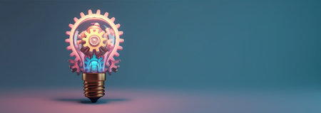 Light bulb and gears 3d render. Innovation concept. Insight icon isolated on pastel background. 3D Illustration. Pink, purple and blue. Glow Idea,teamwork,brainstorming design Space for textの素材