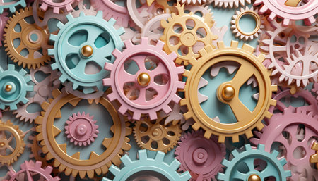 Creative business idea concept. Teamwork, process and workflow management and Cogs and gear wheel mechanisms. Hi-tech digital technology and engineering. Abstract technical background. modern design pastelの素材