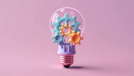 Light bulb and gears 3d render. Innovation concept. Insight icon isolated on pastel background. 3D Illustration. Pink, purple and blue. Glow Idea,teamwork,brainstorming design Space for textの素材