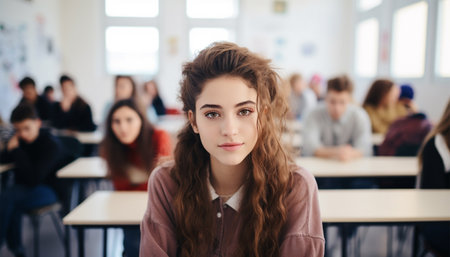 Teenager Close up face of school girl looking at camera while studying on computer. Portrait of smiling young woman student looking behind while using laptop in university library with classmates in background Education conceptの素材
