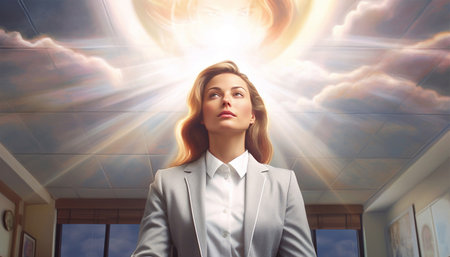 Beautiful female business woman CEO in a suit, standing confidently with arms folded and halo angel light burning. Successful female leader at work beautyの素材