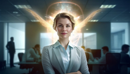 Beautiful female business woman CEO in a suit, standing confidently with arms folded and halo angel light burning. Successful female leader at work beautyの素材