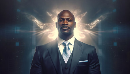 Successful boss with shining lights on the background. Young serious successful man entrepreneur in formal business suite luxury office interior, Business man concept of success portraitの素材