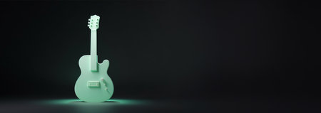 Acoustic classic guitar on pink background. 3D cartoon guitar with copy space. 3D rendering image. Pastel neon background Electric guitar design Space for textの素材