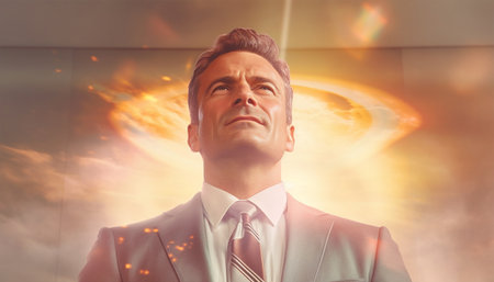 Successful boss with shining lights on the background. Young serious successful man entrepreneur in formal business suite luxury office interior, Business man concept of success portraitの素材