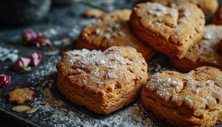 Valentine's Day concept freshly baked heart shaped cookies on plate light background. Romantic homemade tastyの素材