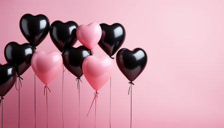 Group of pink heart shaped balloons on pastel pink background copy space. Valentine romantic theme design 3D. Valentine's day background. Space for textの素材