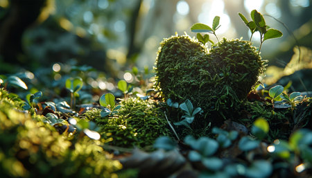 A heart covered with grass and green leaves untouched nature a concept illustrating the issues of nature conservation, bio-products and the protection of forests and woodlands in general. 3d rendering. Copy space Beautiful nature forest life lightsの素材