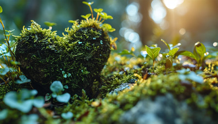 A heart covered with grass and green leaves untouched nature a concept illustrating the issues of nature conservation, bio-products and the protection of forests and woodlands in general. 3d rendering. Copy space Beautiful nature forest life lightsの素材