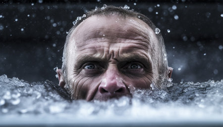 Bath therapy treatment, man soaking in icy bath Natural medicine for healthcare, freezing runny for male person. Ice bath therapy. Wim hof method, cold therapy, breathing techniques, yoga and meditation concept healthyの素材